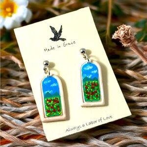 Hand-Painted, Hand Crafted Polymer Clay Earrings “Window to the Garden”